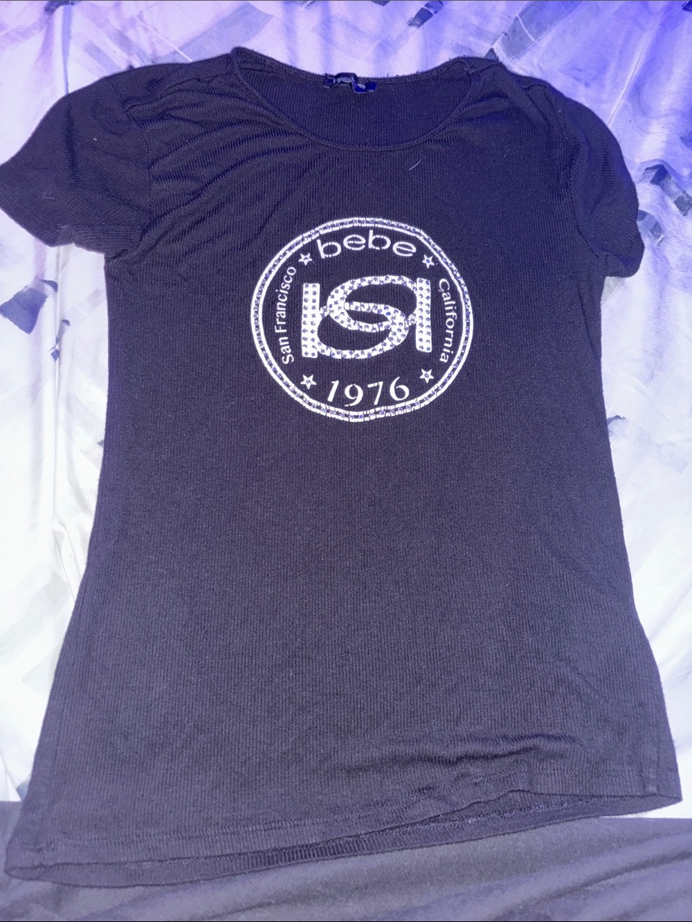 bebe Black Short Sleeve Logo Ribbed Tee